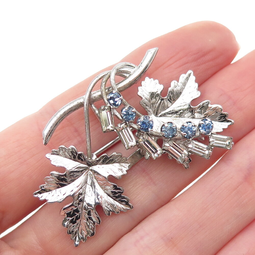 CARL ART Sterling Silver Antique Art Deco Blue & White Rhinestone Floral Brooch